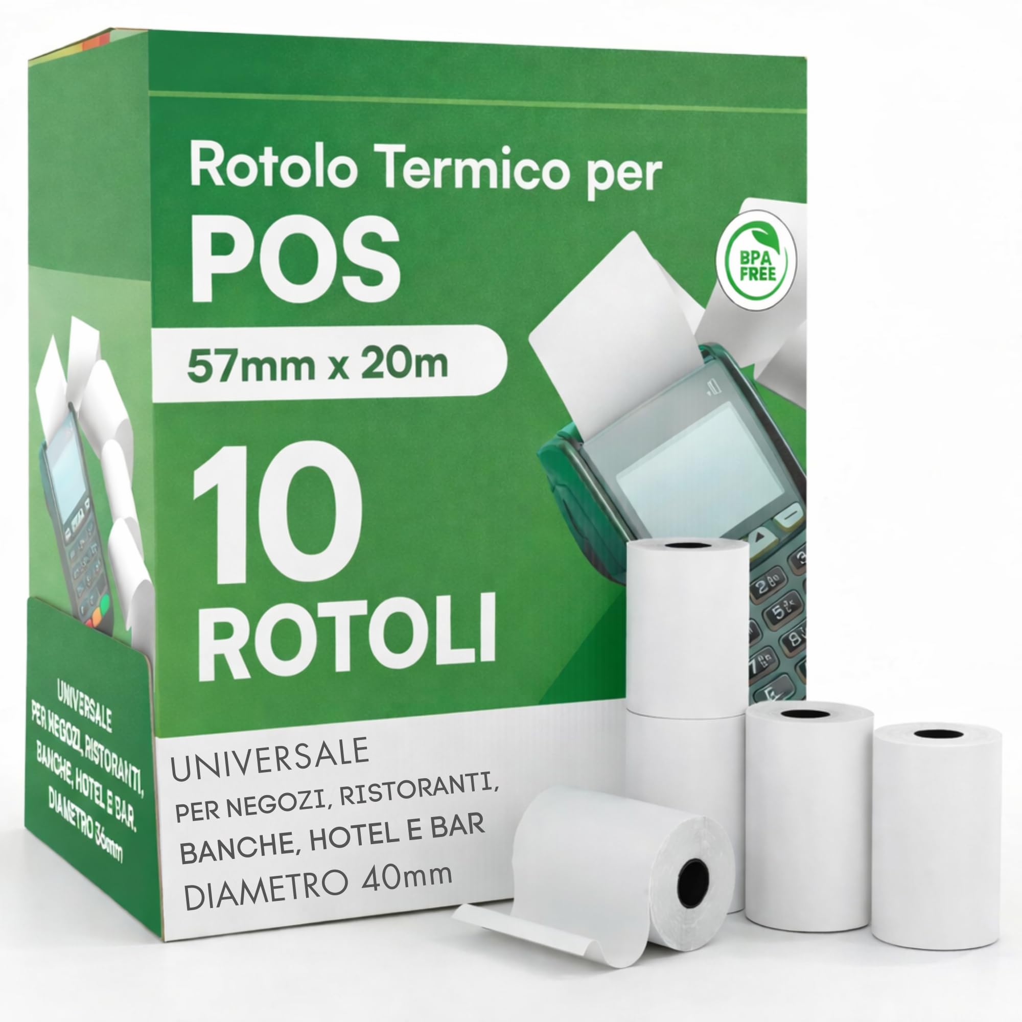 10 Rotoli POS Carta Termica (57 mm x 20 mt) GARANTITI e PROFESSIONALI - Anima da 12 mm - BPA Free 55 g per Registratore di Cassa, Calcolatrici e POS - Stampa Nitida e Duratura