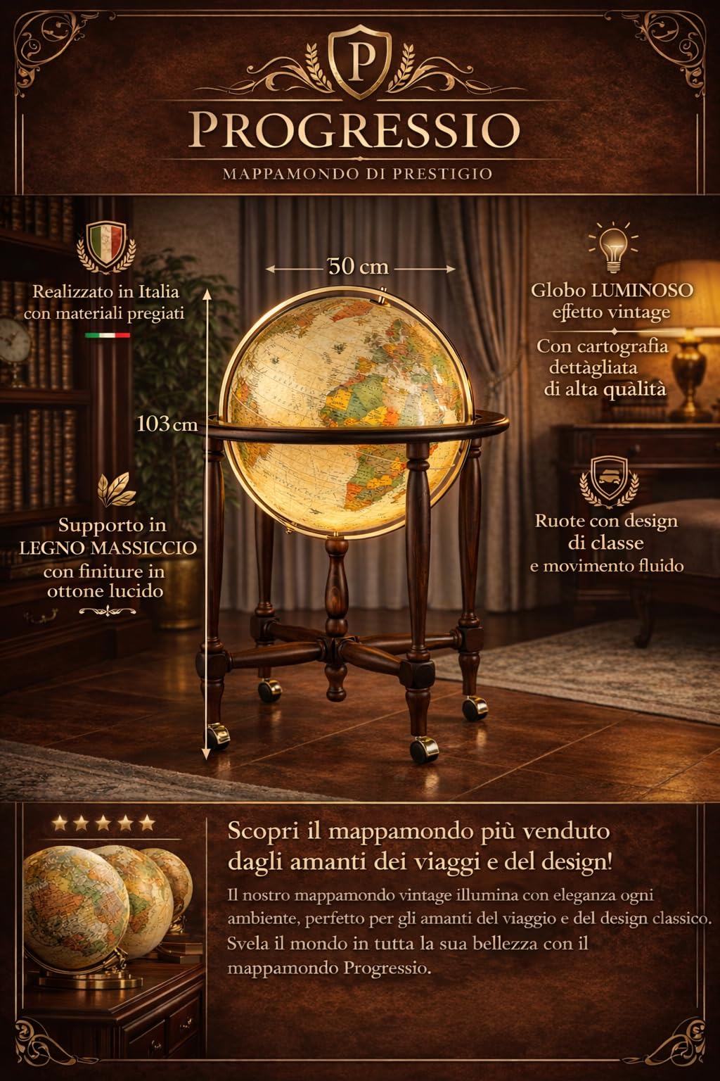 Mappamondo Luminoso da Terra, Stile Antico, Base in Legno di Faggio su Ruote, Diametro 50 cm, Altezza 103 cm Cinthia Antique - Progressio