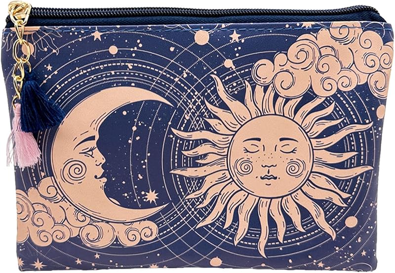 Necessaire pequena XDMXY com estampa de sol e lua, fechamento por zíper e tassel, PU e nylon, Color-2