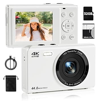 Upgrade Digital Camera, FHD 4K 44MP Autofocus Digital Point and Shoot YouTube Camera with 16X Zoom, 32GB SD Card, Compact Digital Camera Cheap for Teens Boys Girls Kids White