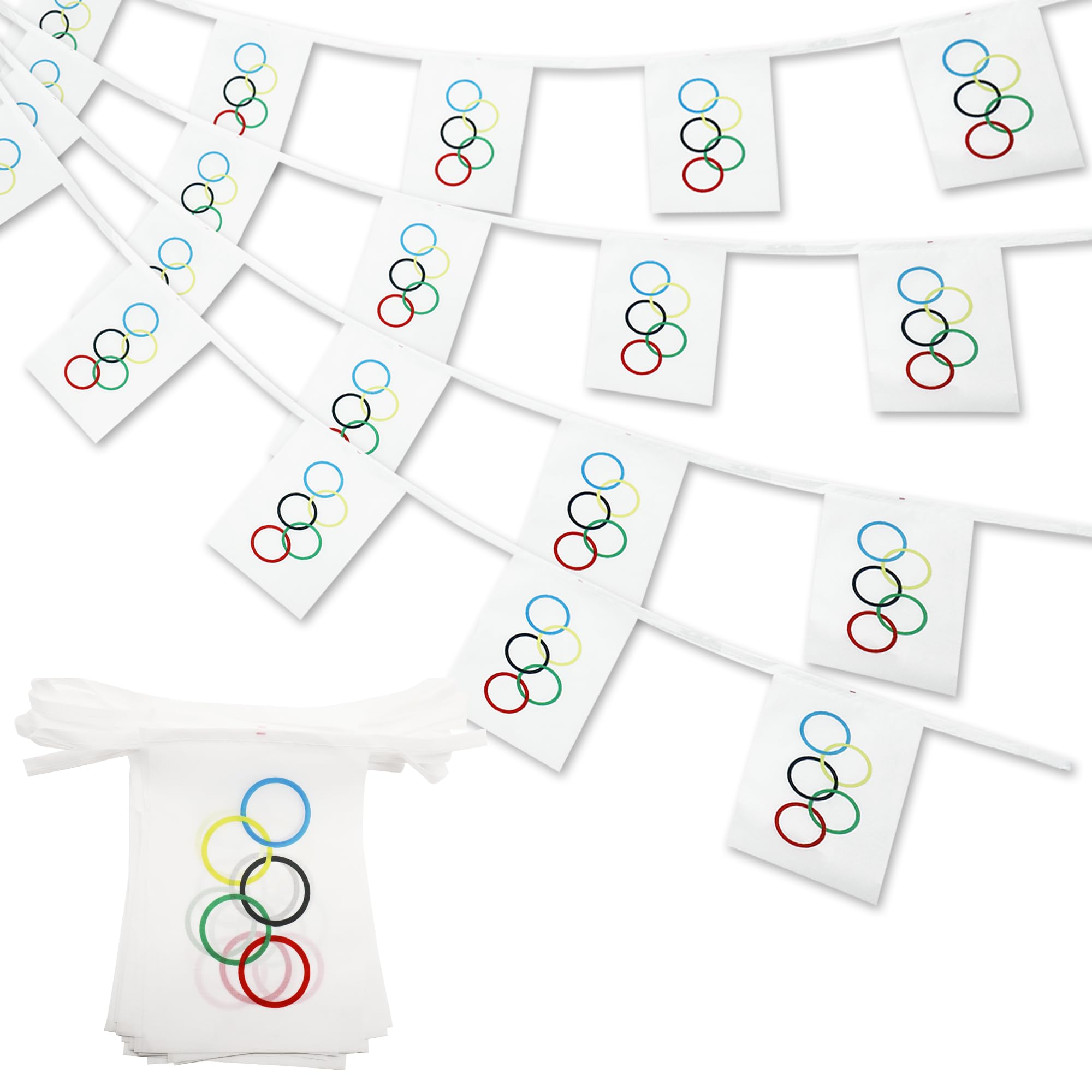Generic20 Pack Olym*pic Games Flag Length 26FT Olympic Rings Small Mini String Flags,Pennant Decoration for Sport Events, Celebrate Party Outdoor Indoor Banner Decoration Handheld Flags with Plastic Stick