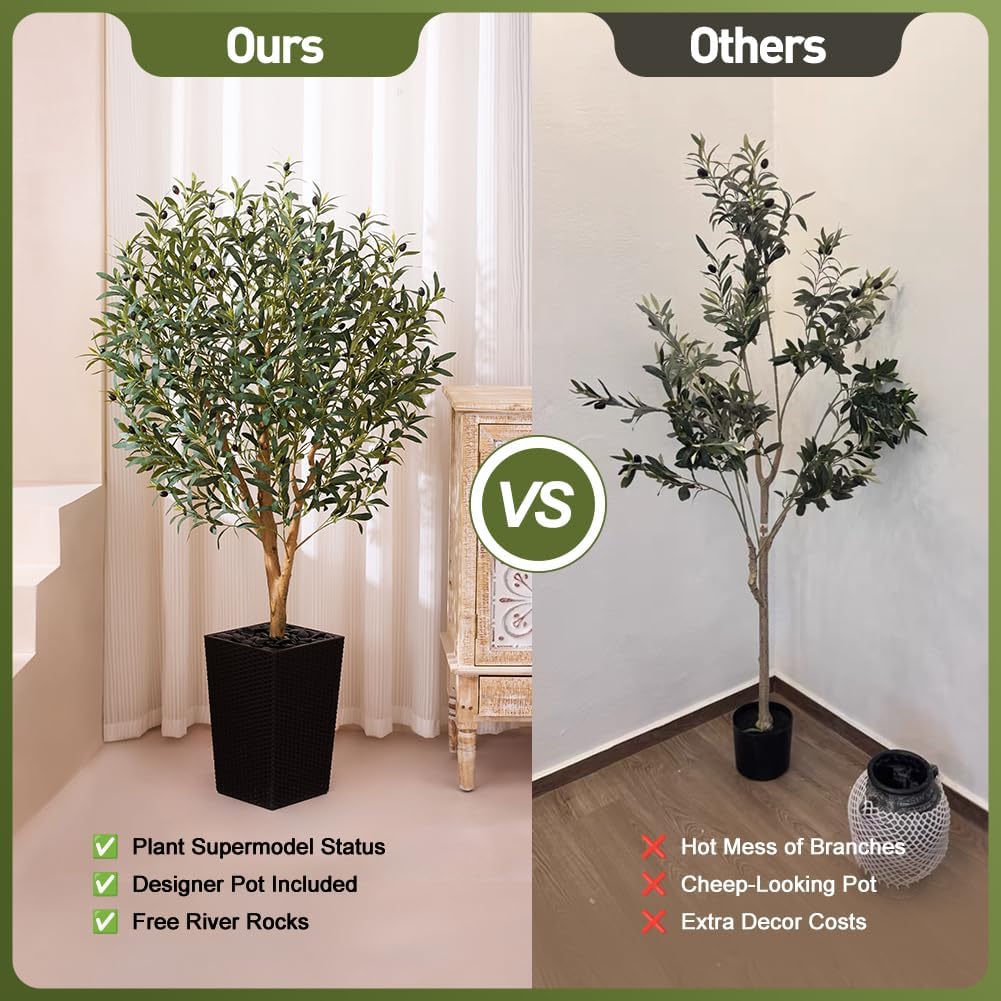 Artificial Olive Tree 5FT, Faux Olive Trees with Real Wood Trunk, UV Resistant Fake Plants in Planter & River Rocks, Indoor Tall Silk Plant for Home Living Room Office Outdoor Decor, VN133 - Image 5