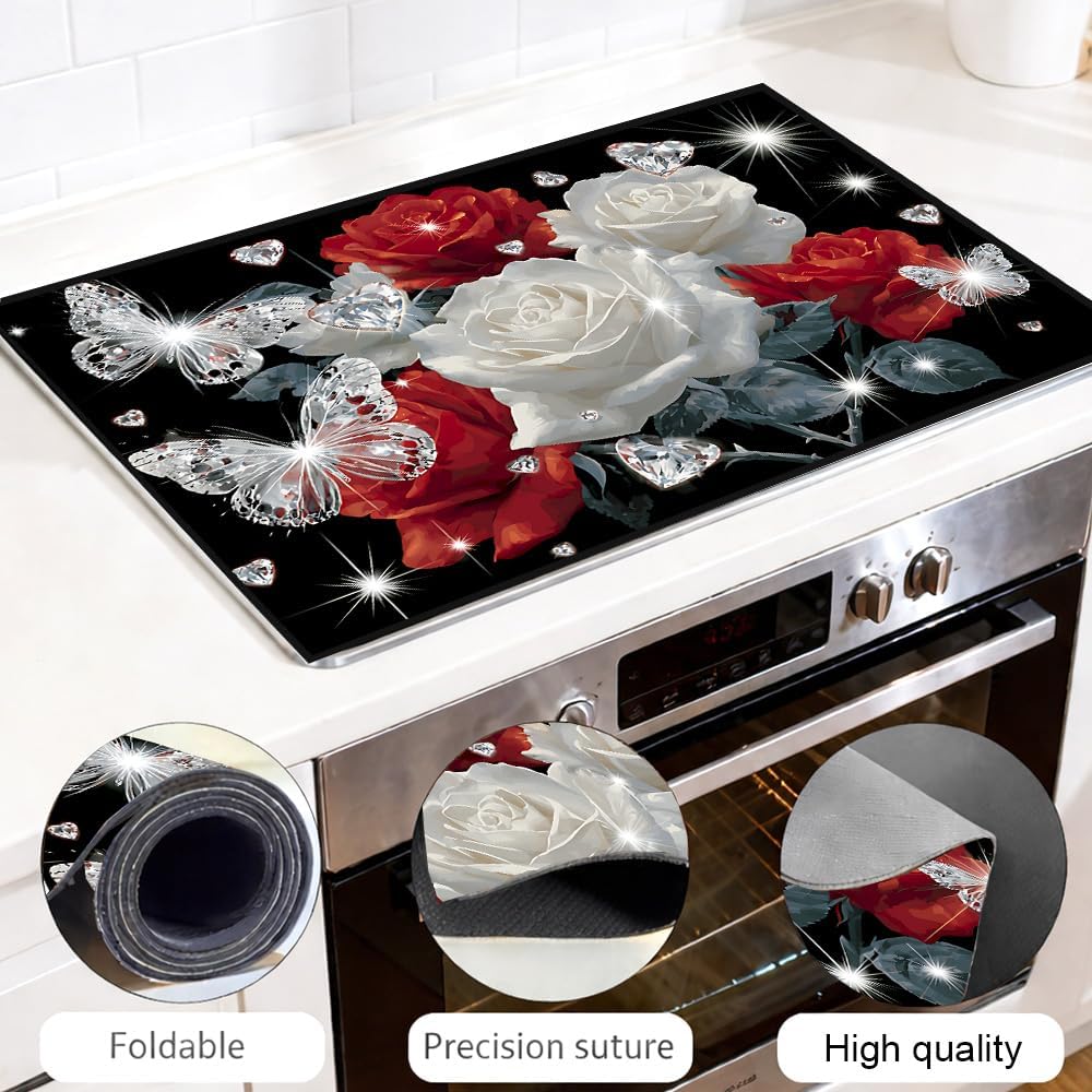 Diamond Rose Stove Top Covers for Electric Stove, 28.3x20.5 Inch Stove Mat, Crystal Flower Kitchen Decor, Glass Top Protector & Backsplash