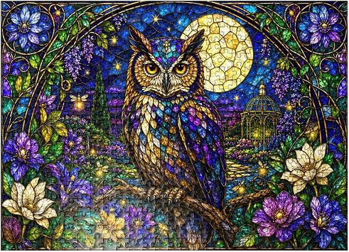 MyPuzzle Stained Glass Owl Moon Garden - Premium 500 Piece Jigsaw Puzzle for Adults
