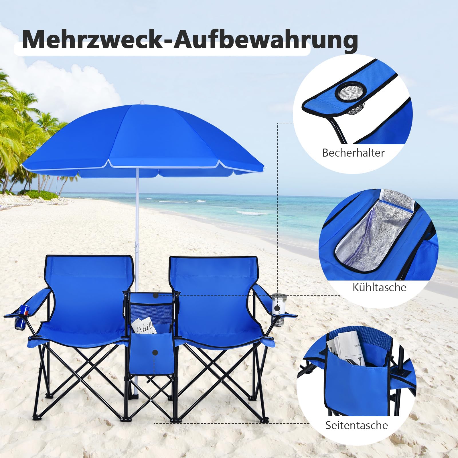 FANTASK Chaise de pêche Pliable avec Un Parasol Amovible, 2 Places, Chaise de Camping avec Sac de Transport, Chaise Pliante