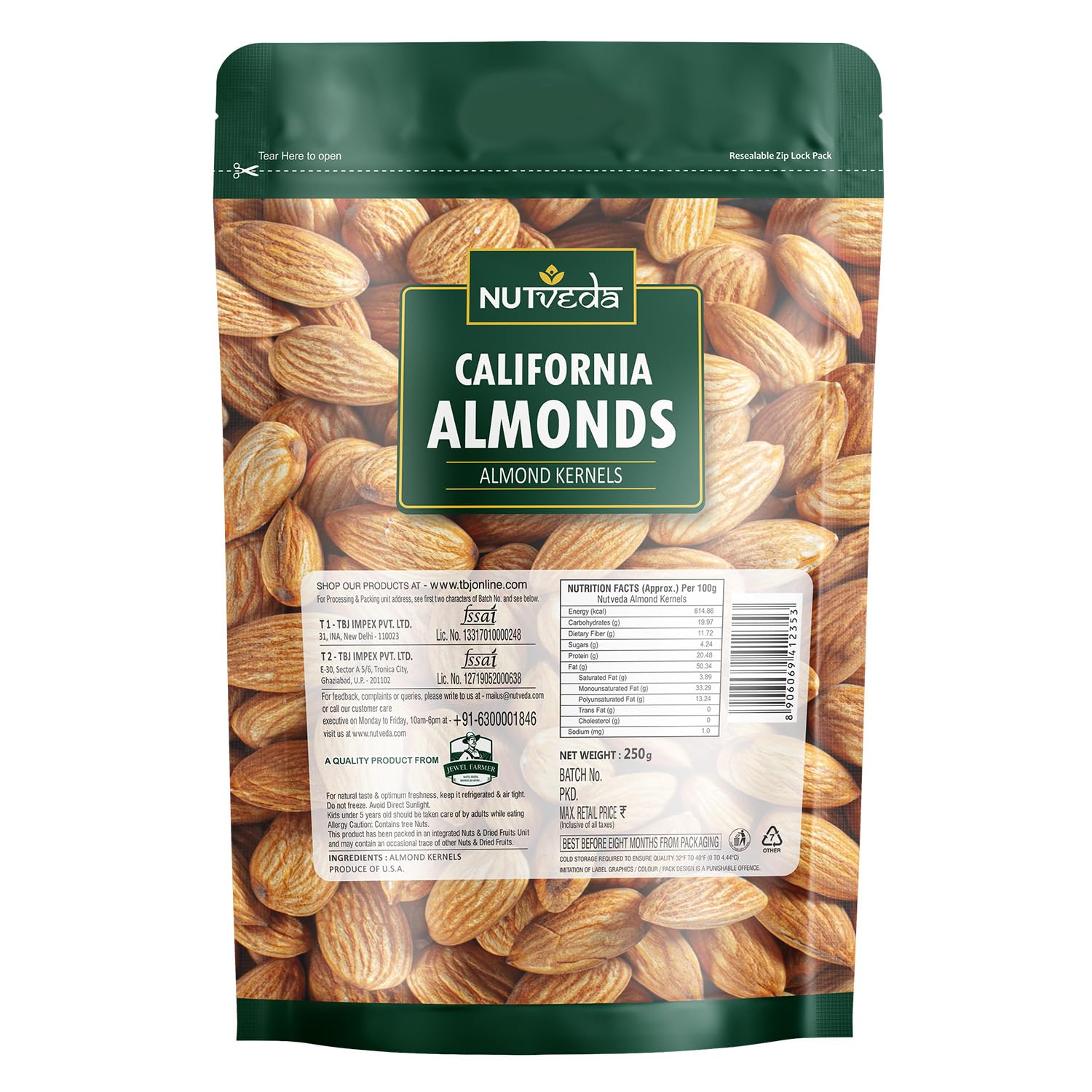 NUTVEDA California Almonds 250gm | Badam Giri | RIch Source of Vitamins & Fibre | Gluten Free | Zero Cholestrol - Image 2 thumbnail