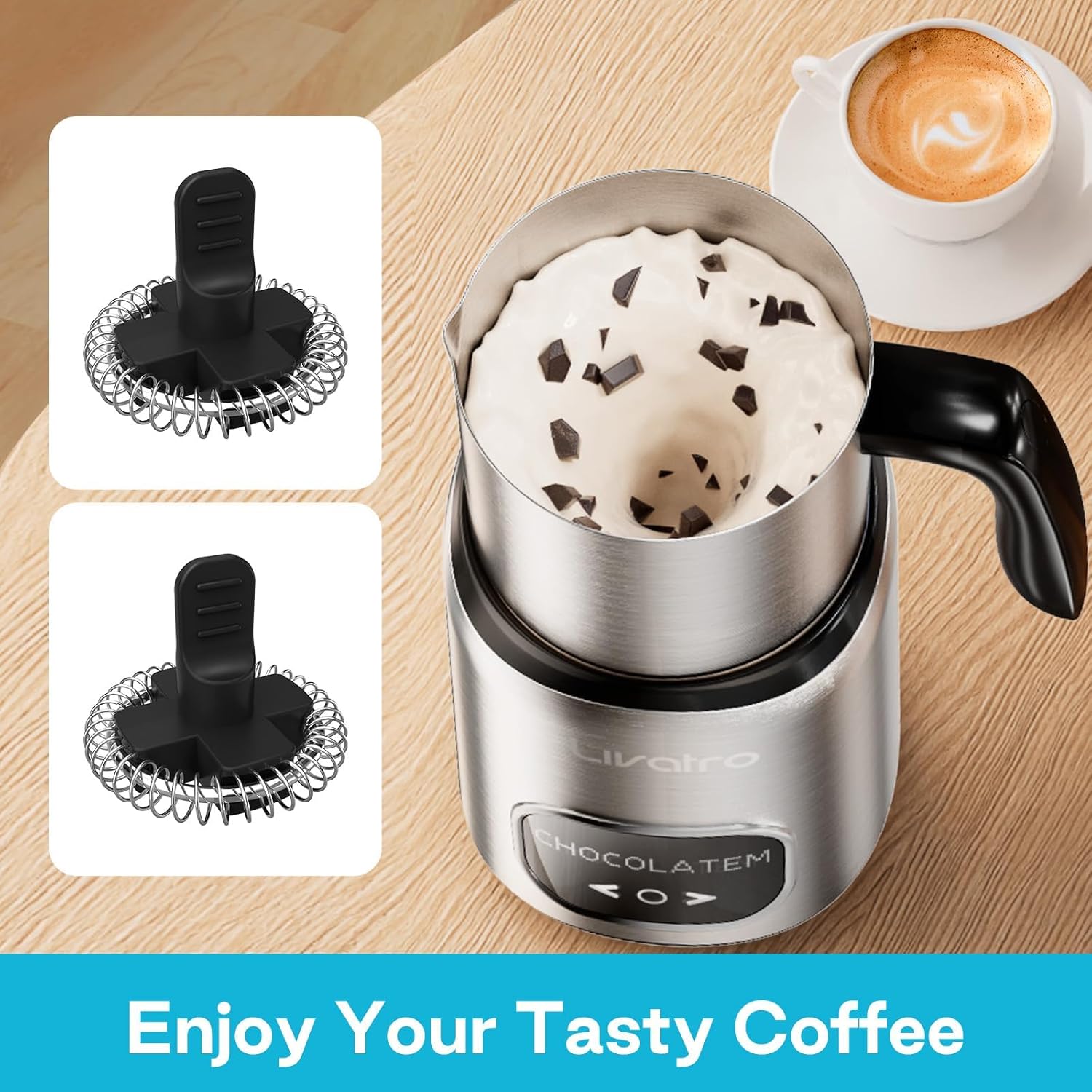 14-in-1 Electric Milk Frother & Steamer with Dual Detachable Cups (21oz & 13.5oz) + 2-Pack Replacement Whisks