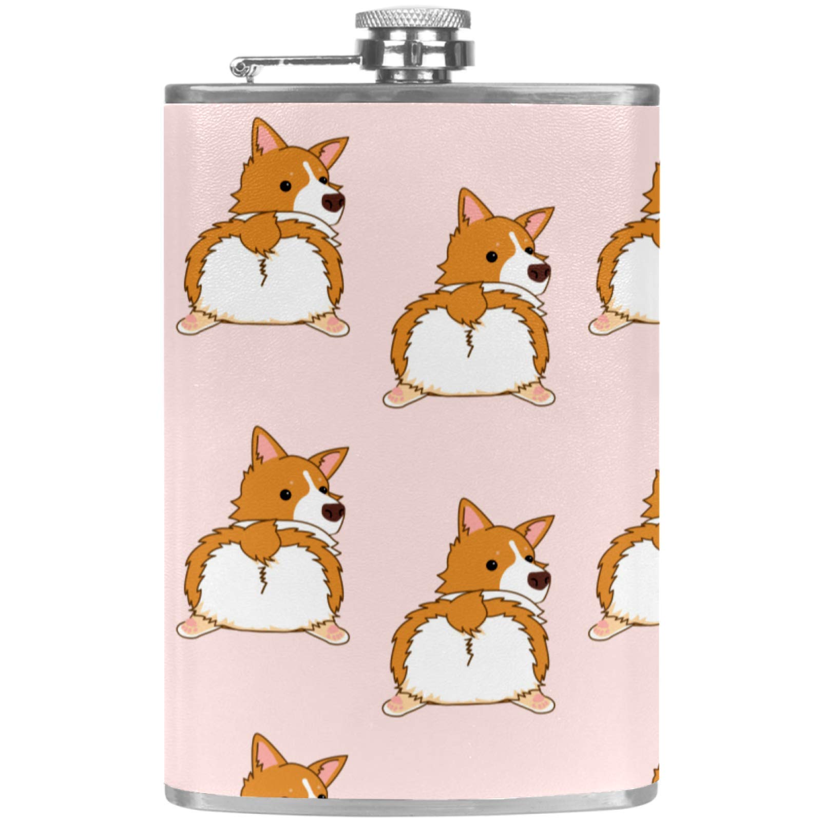 8 Oz Flat Liquor Flask with Funnel Leak Proof Stainless Steel Pocket Hip Flask Cute Corgi Pink