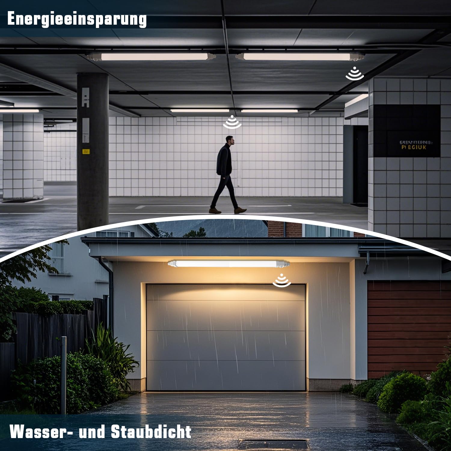 buling 2er Feuchtraumleuchte LED mit Bewegungsmelder, 150CM 45W 4500LM 4000K Neutralweiß LED Wannenleuchte,Verknüpfbar Kellerleuchte Werkstattlampe Wasserfest IP65 für Garage Balkon Keller Flur Treppe