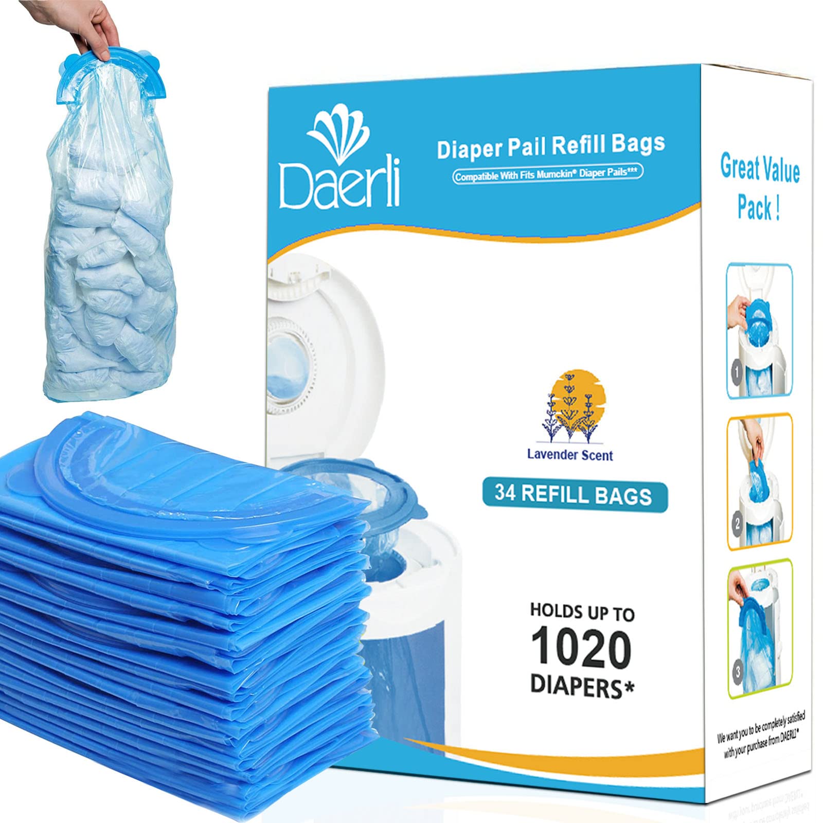 Diaper Pail Refill Bags,Fully Compatible with Arm&Hammer Disposal System Seal and Toss Diaper Pail Refills,Holds up to 1020 Diapers(34 Pack)