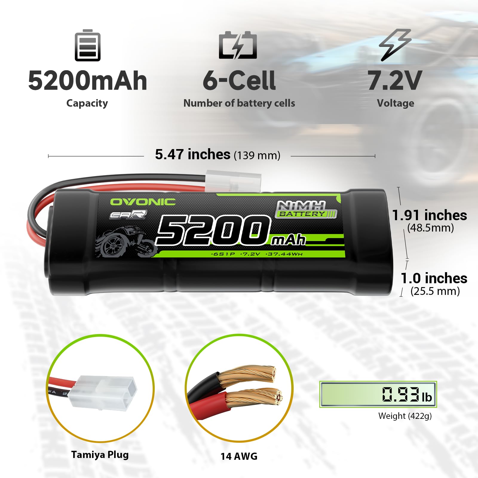 OVONIC 7,2 V RC NiMH Akku 5200mAh mit TMY-Anschluss für RC Auto Truck Truggy（2packs）