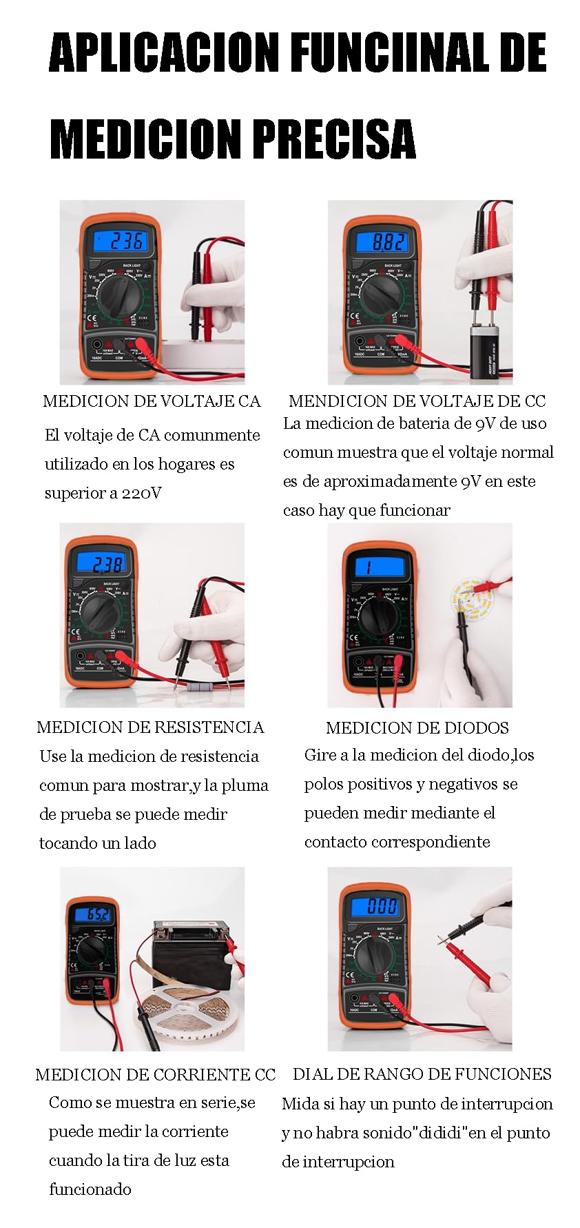 Multímetro Digital Profesional, Polimetro Digital con Pantalla Retroiluminada, Voltimetro Portátil y Resistente, Multifunción para Hogar y Taller, Manual en Español