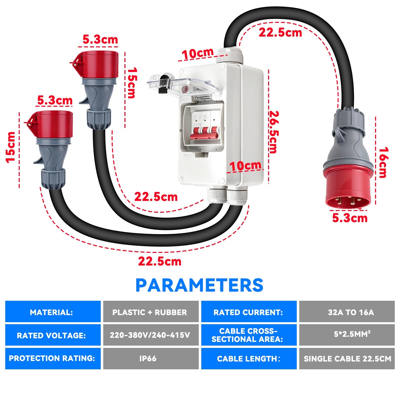 Adattatore da 32 A a 16 A x2 con Interruttore Automatico, 5 poli IP66 Pesante Adattatore 16 A ad alta Corrente e alta Tensione con indicatore LED, per Roulotte, Industria