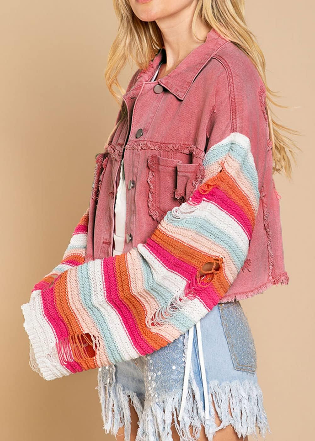 loveimgs Women's Distressed Trendy Contrast Color Sweater Sleeve Crop Denim Jacket Tops