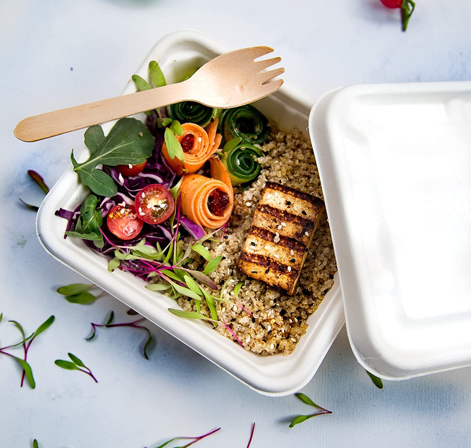 ECOWARE100% Natural, Biodegradable, Compostable, Ecofriendly, Bagasse, Safe & Hygienic Disposable Takeaway Food Box with Lid- Size 7 inch x 6 inch x 2 inch 750ML or 26.4oz (400)