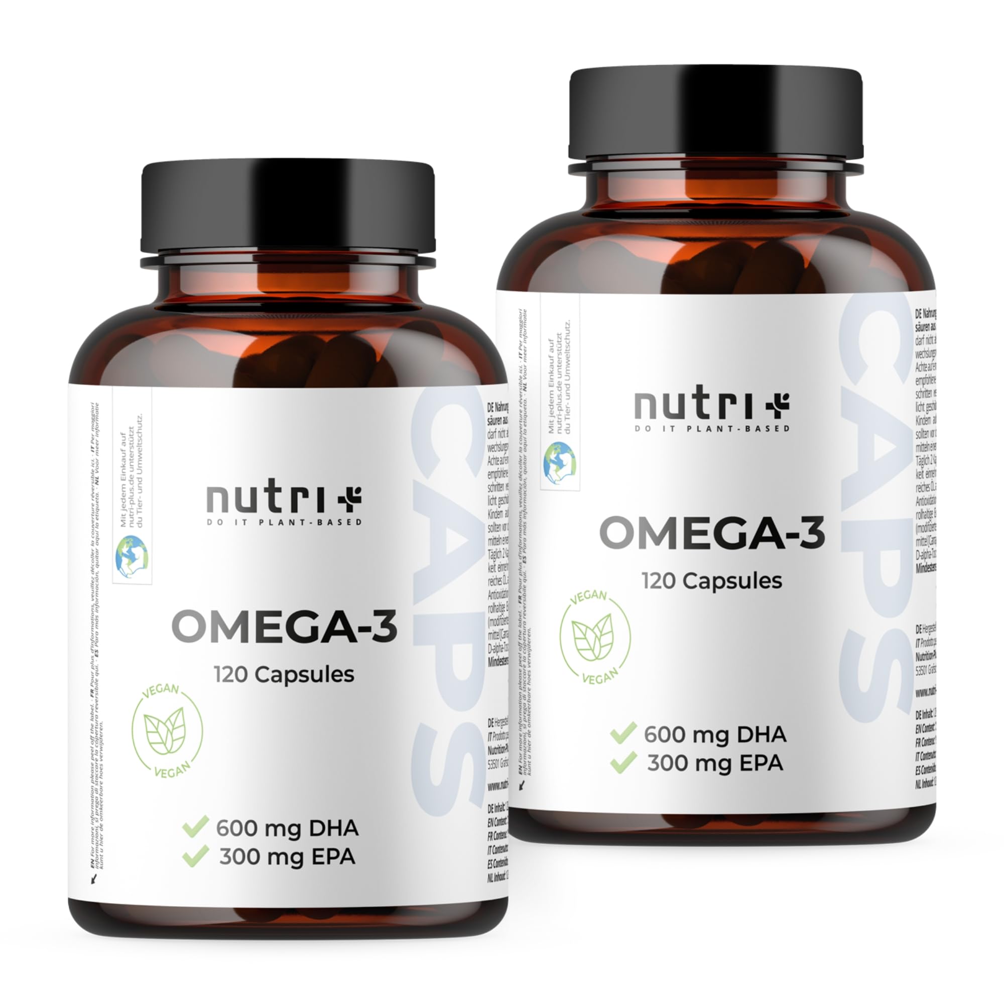 Nutri+ Vegan Omega-3-2000 mg di Olio d' Alga alto Dosaggio 600 mg di DHA e 300 mg di EPA - Capsule vegane di Omega-3 alta Qualità - testate in Laboratorio - 120 Caps