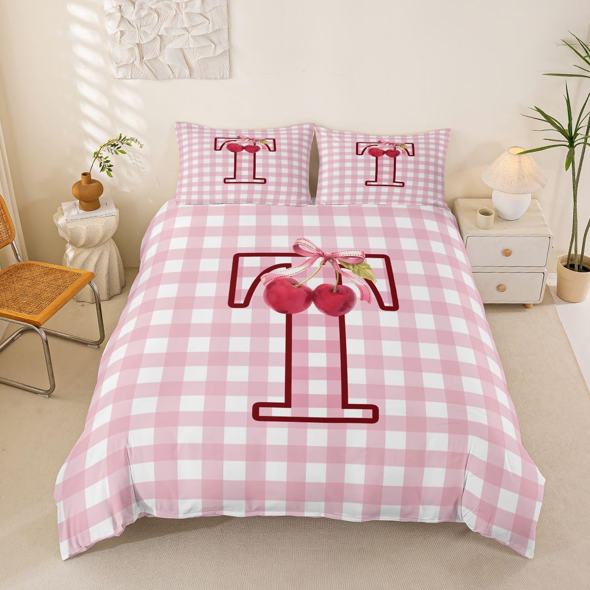 Housse de couette 220x240cm avec taies d'oreiller motif cherry rose et blanc Loussiesd