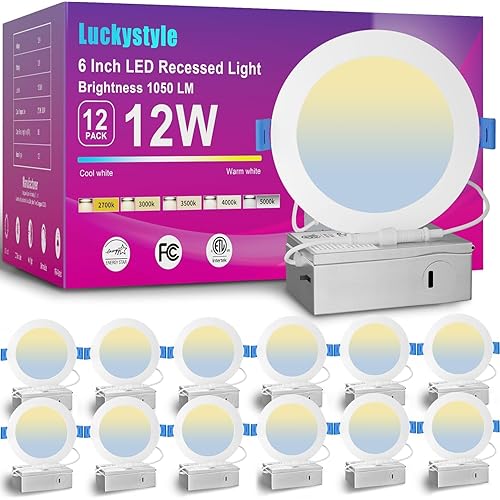 luckystyle 12 Pack 6 Inch 5CCT Ultra-Thin Canless LED Recessed Ceiling Light with Junction Box, Selectable 2700K/3000K/3500K/4000K/5000K,12W Eqv 110W, 1050LM Dimmable Wafer Down Light-ETL&FCC