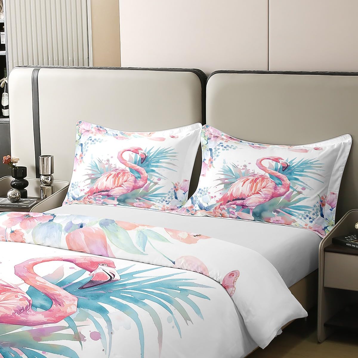 Loussiesd Kinder Flamingo Baumwolle Bettwäsche Set 135x200cm Jungs Mädchen Tropische Flamingo Muster Betten Set Blume Floral Drucken Bettbezug Set Bauernhaus Zoo Wildtierstil Bettwäsche-Set