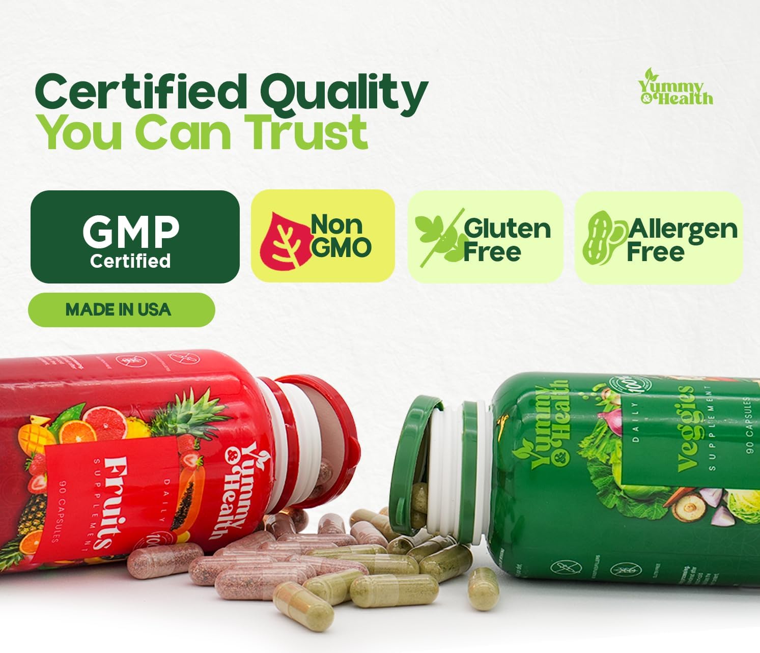 Yummy & Health Fruits & Veggies Capsules – 33+ Whole Superfoods from Fruits & Vegetables | 90 Fruit + 90 Veggie Capsules | Vegan, Non-GMO, Gluten-Free | Plant-Based Nutrients & Fiber