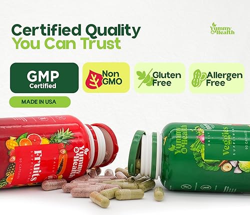 Miniatura 7 de YUMMY & HEALTH Suplemento de frutas y verduras, hecho con superalimentos, 90 cápsulas de frutas y 90 vegetales, fórmula de bienestar para apoyar el