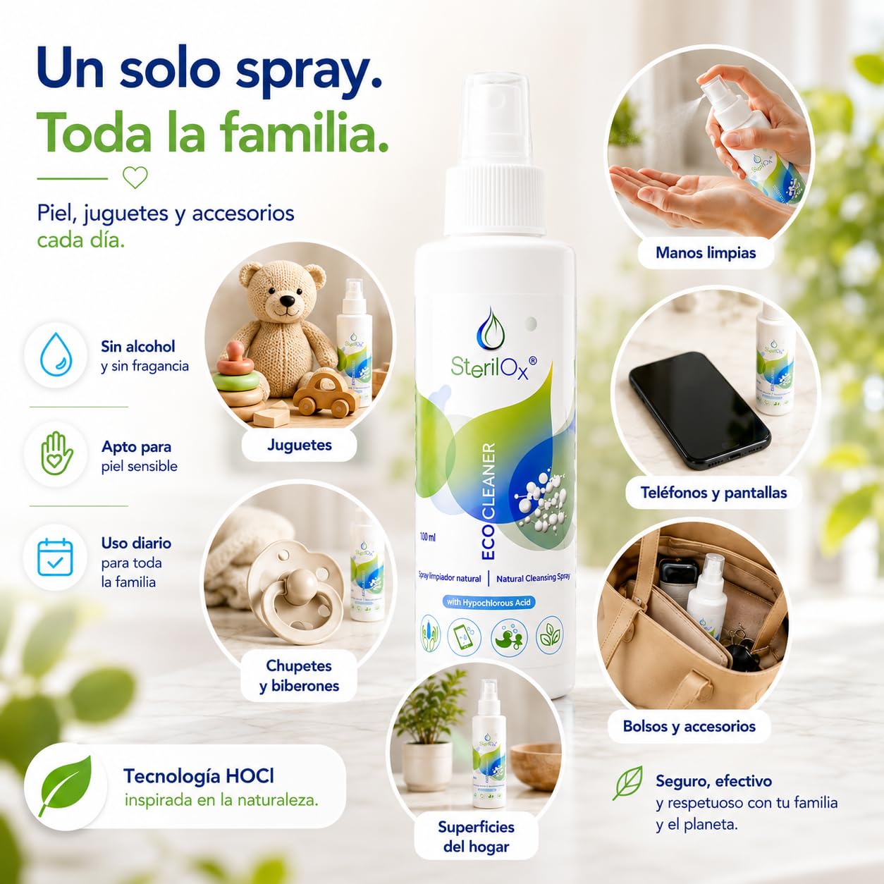 Spray Natural para la Piel y Accesorios – Con Ácido Hipocloroso (HOCl) – Sin Alcohol ni Perfume – Suave y Seguro para Bebés, Niños y Piel Sensible – 100 ml