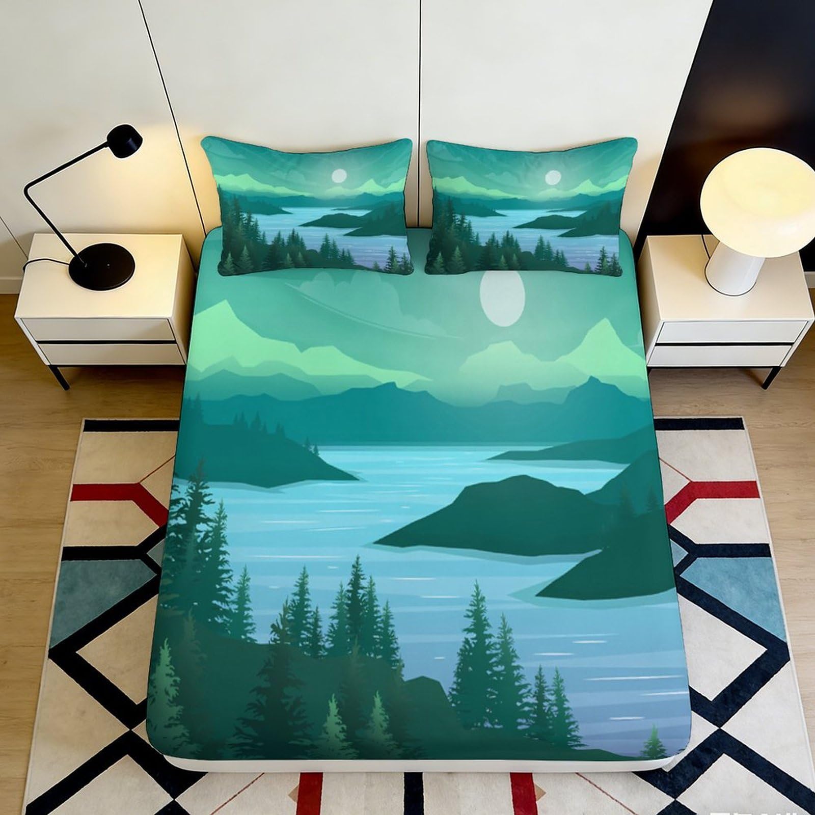 Pnayamiorkfel Style-2 3D Printed Mountain Lake Landscape Fitted Sheet Microfiber Scenic Forest River Bed Cover For Bedroom Guest Room Easy Care 90X200x25cm