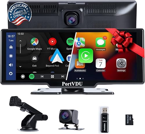 PortVDU - Estéreo inalámbrico portátil para automóvil Carplay con cámara de tablero HD - Pantalla IPS HD de 9.3 pulgadas, Android Auto, cámara de