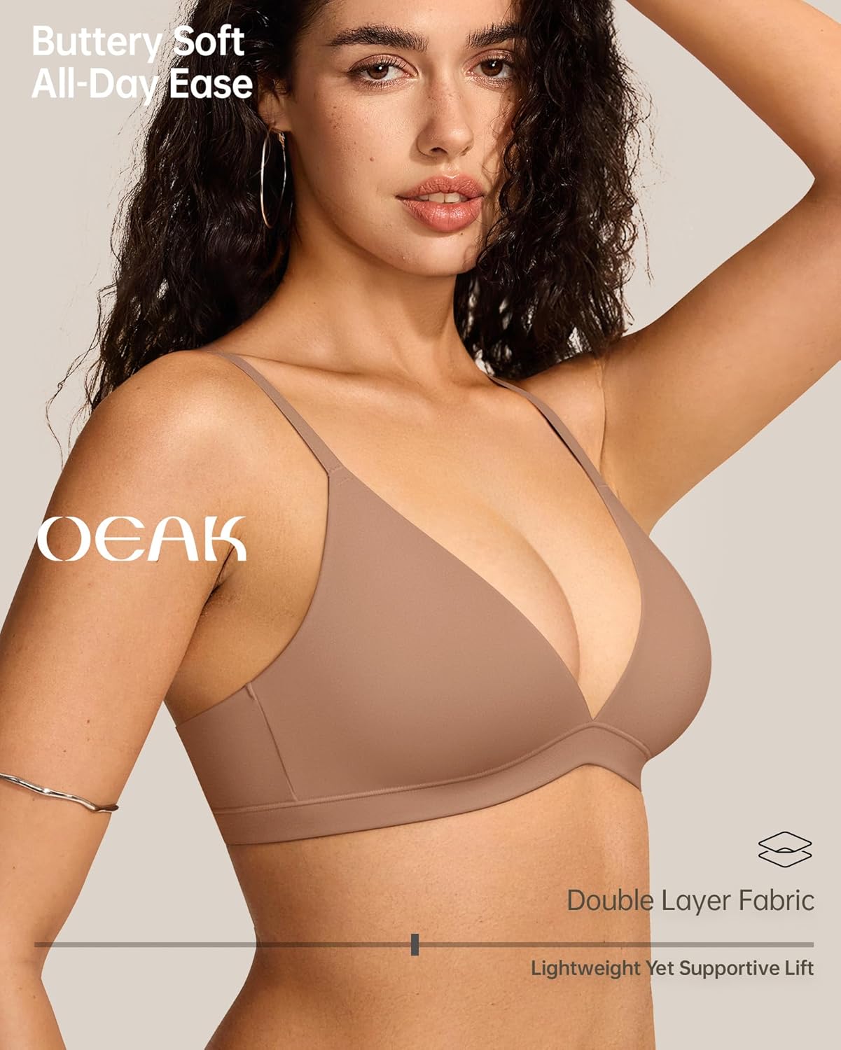 OEAK Womens Comfortable Triangle Bras No Underwire Sexy Plunge Unlined Bralette Pull On Bra Seamless Everyday Tshirt Bras Latte,S - Image 4