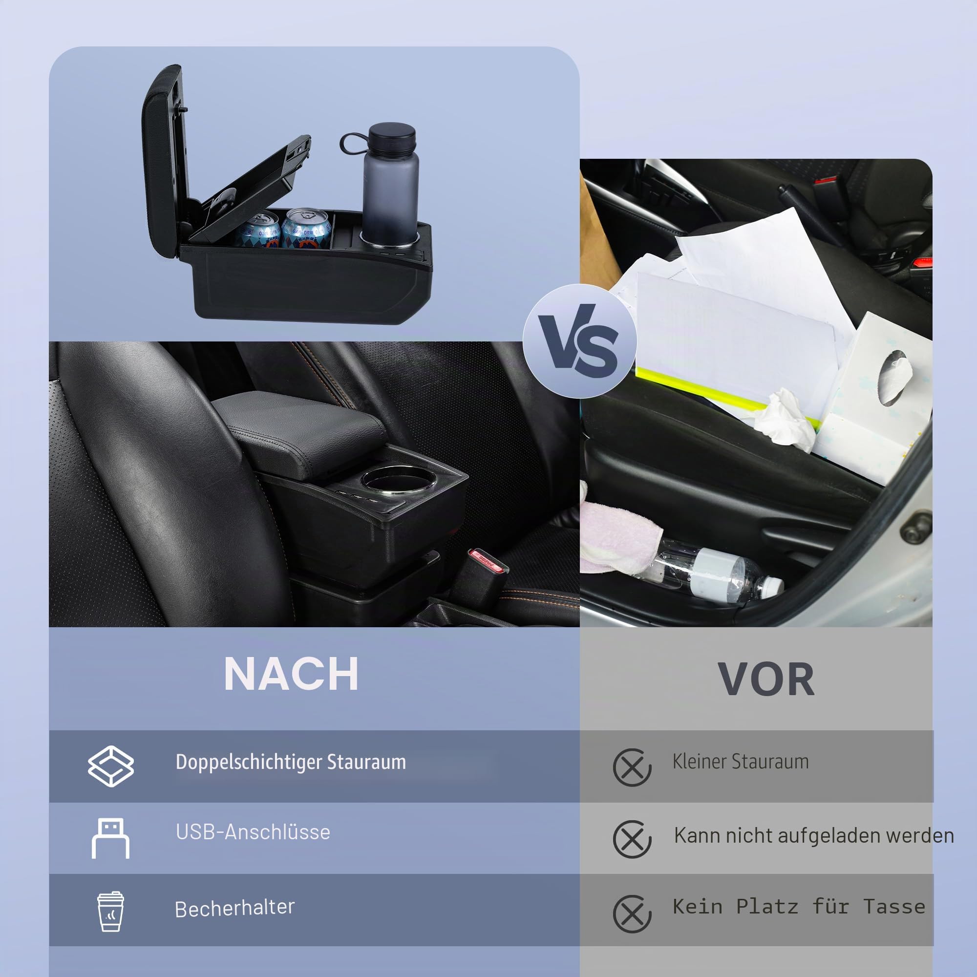 Auto Armlehnen für Opel Astra H Mittelarmlehne | Zweistufiger Stauraum, Mit Getränkehalter, 2 USB-Anschlüsse, Einfache Montage, PU-Leder, Schwarze Nähte