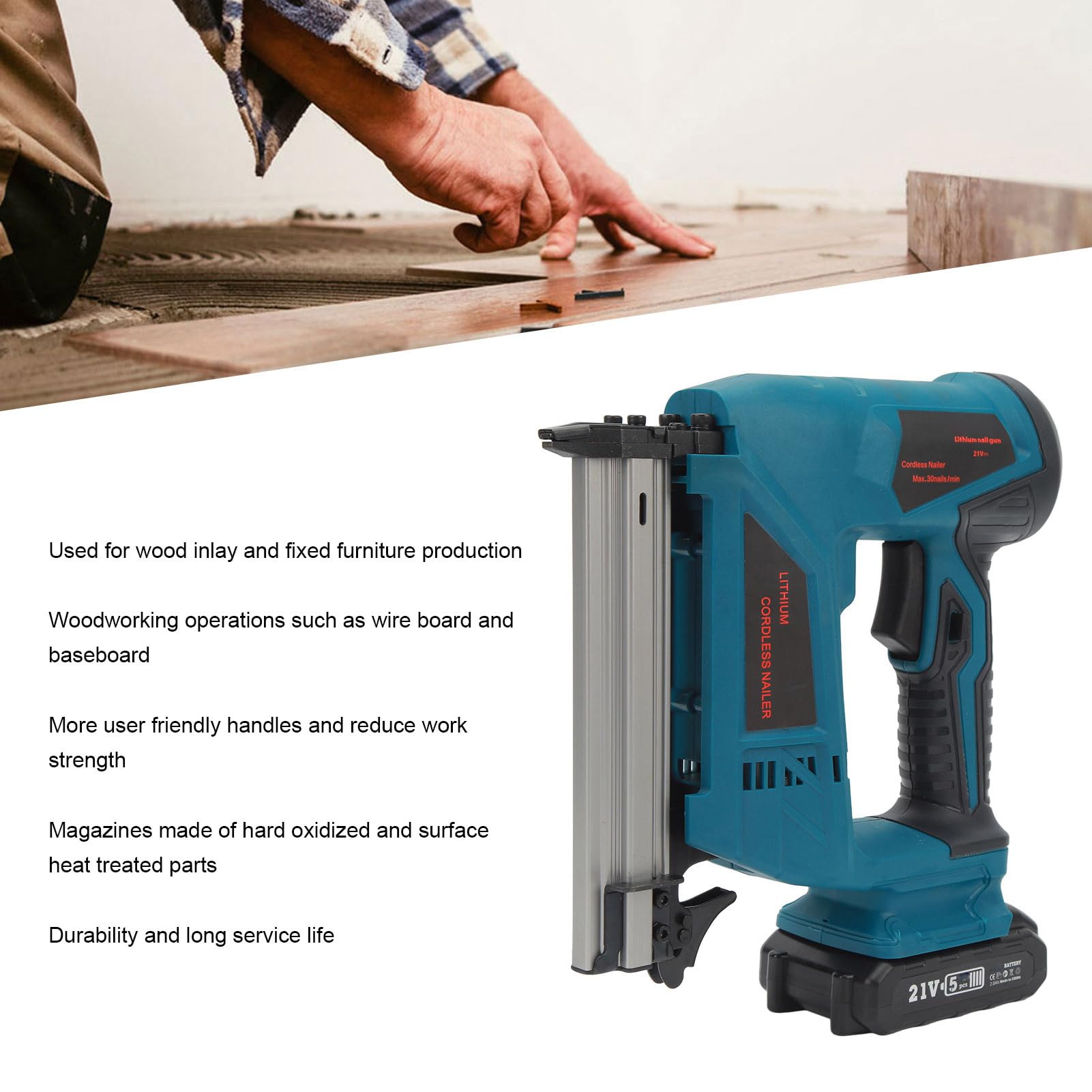 Cordless Brad Nailer Kit, Electric Nail with Handle, Copper Motor for Woodworking, 100Pcs Magazine, Lithium Battery and Charger, NTC0023 20V, ABS and Copper Material (US Plug