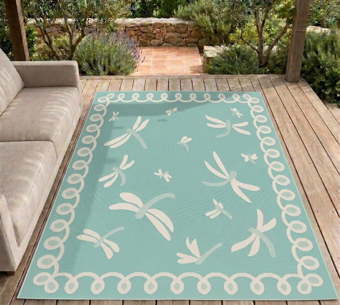 Lord of Rugs Terrace Dragonfly Outdoor Rug for Garden, Patio, Living Room, Indoor, Kitchen, Balcony, Picnic, Bedroom Bordered Lightweight Mat Flatweave Rug Teal X-Large 200x290 cm (6'7"x9'6")