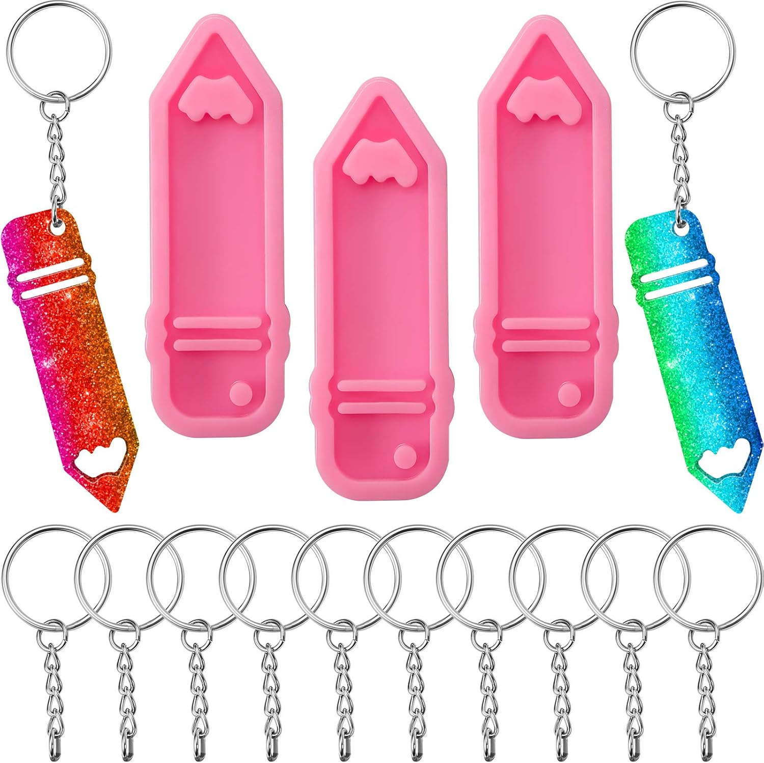 Patelai 3 Pink Pencil Silicone Keychain Molds + 10 Key Rings - Polymer Clay, Fondant, Chocolate DIY Crafts Kit