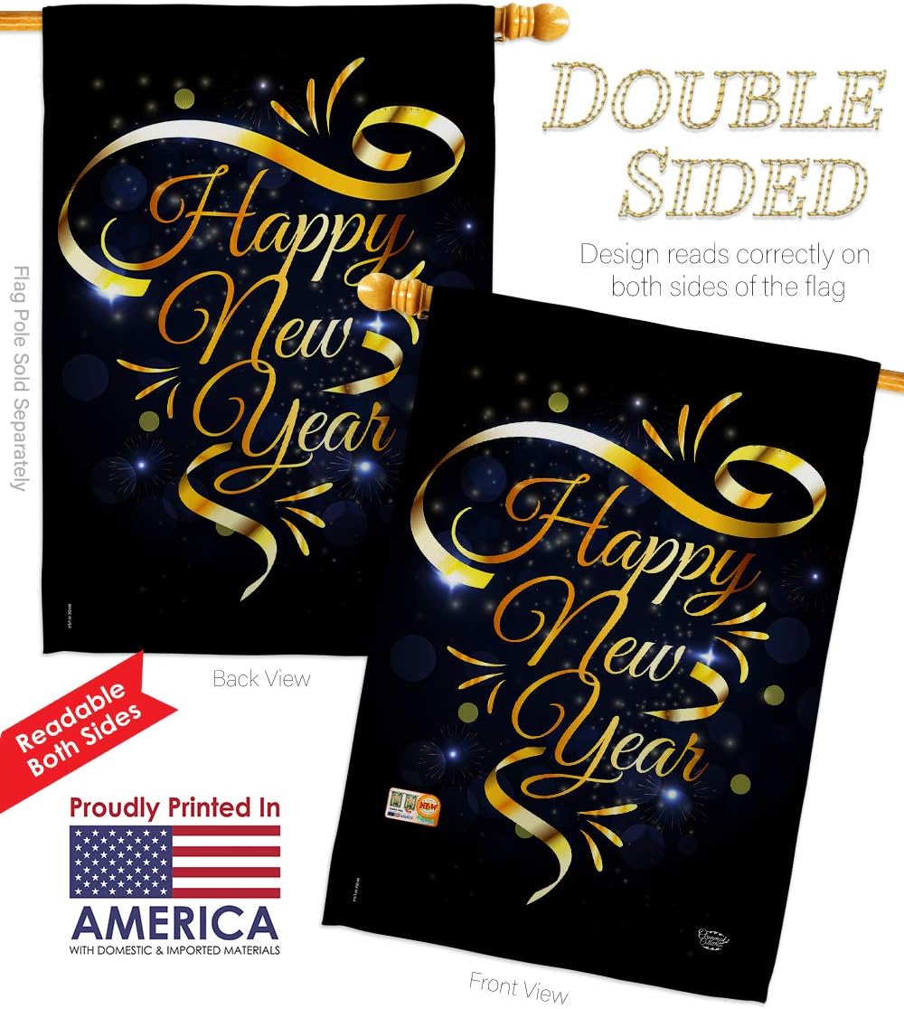 Gold Happy New Year House Flag Clock Countdown Champagne Party Fireworks Celebrate Small Decorative Gift Yard Banner Double-Sided Made In USA 28 X 40