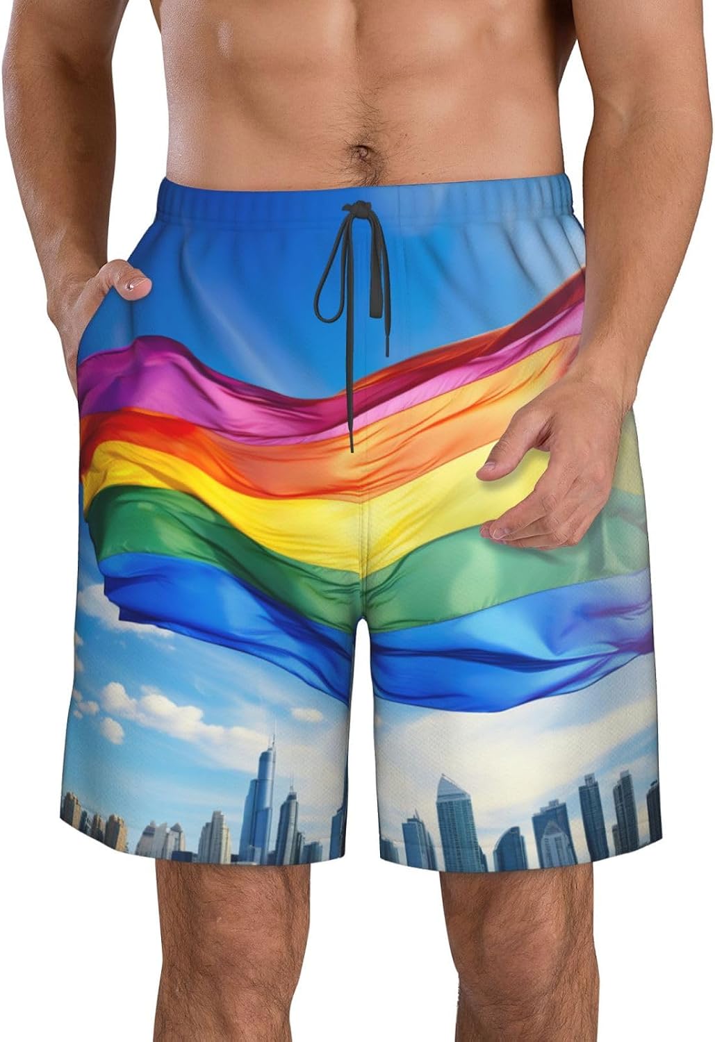Pride Flag Print Mens Casual Shorts Drawstring Summer Beach Stretch Shorts Novelty Swimtrunks