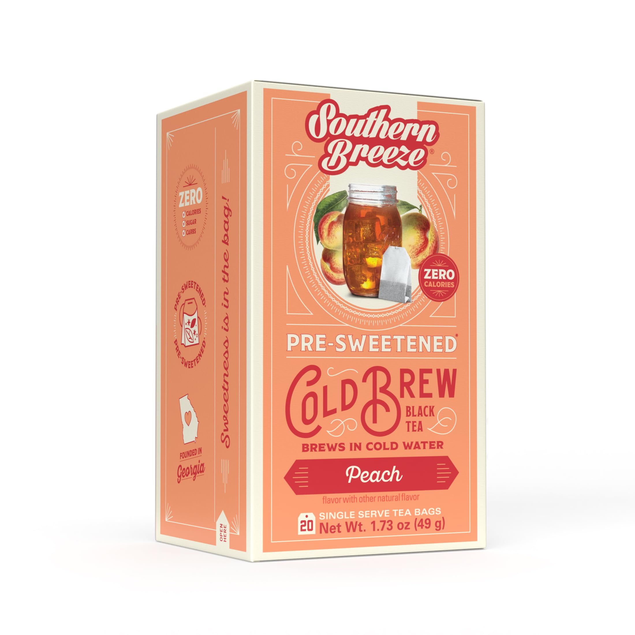 Cold Brew Sweet Tea Peach Iced Tea with Black Tea and Zero Carbs Zero Sugar, 20 Individually Wrapped Tea Bags Southern Sweet Tea Iced Tea Beverage