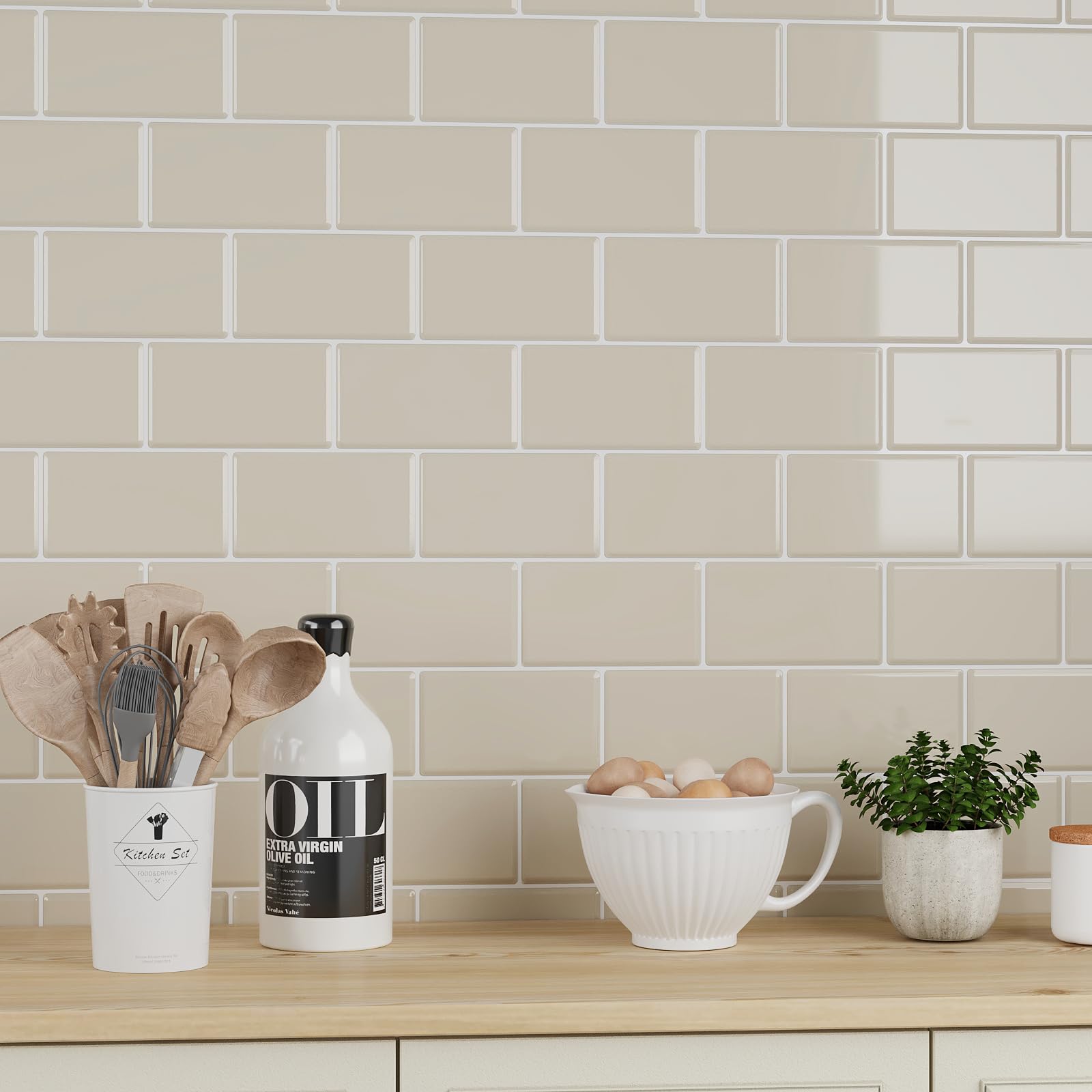 VEELIKE Mattonelle Adesive Cucina Beige Piastrelle Adesive Bagno 3D Adesivi per Piastrelle Cucina Moderna Adesivi Piastrelle Bagno Adesivo Parete Cucina Paraschizzi 30,5 cm x 30,5 cm 12 Pezzi
