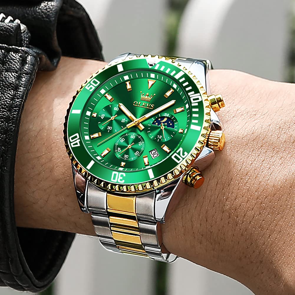 OLEVS Green Dial Watches for Men Fashion Analog Quartz Waterproof Chronograph Gold Silver Stainless Steel Watch Business Classic Luxury Big Face Luminous Multifunction Men Wristwatches