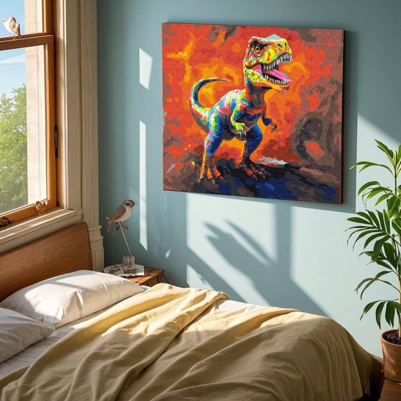 KOMI Paint by Numbers Kit for Adults with Frame, Kids Paint by Number Kits on Framed Canvas Kids Painting by Number Kit for DIY Home Decor Painting, Fighting Dinosaurs 12x16inch