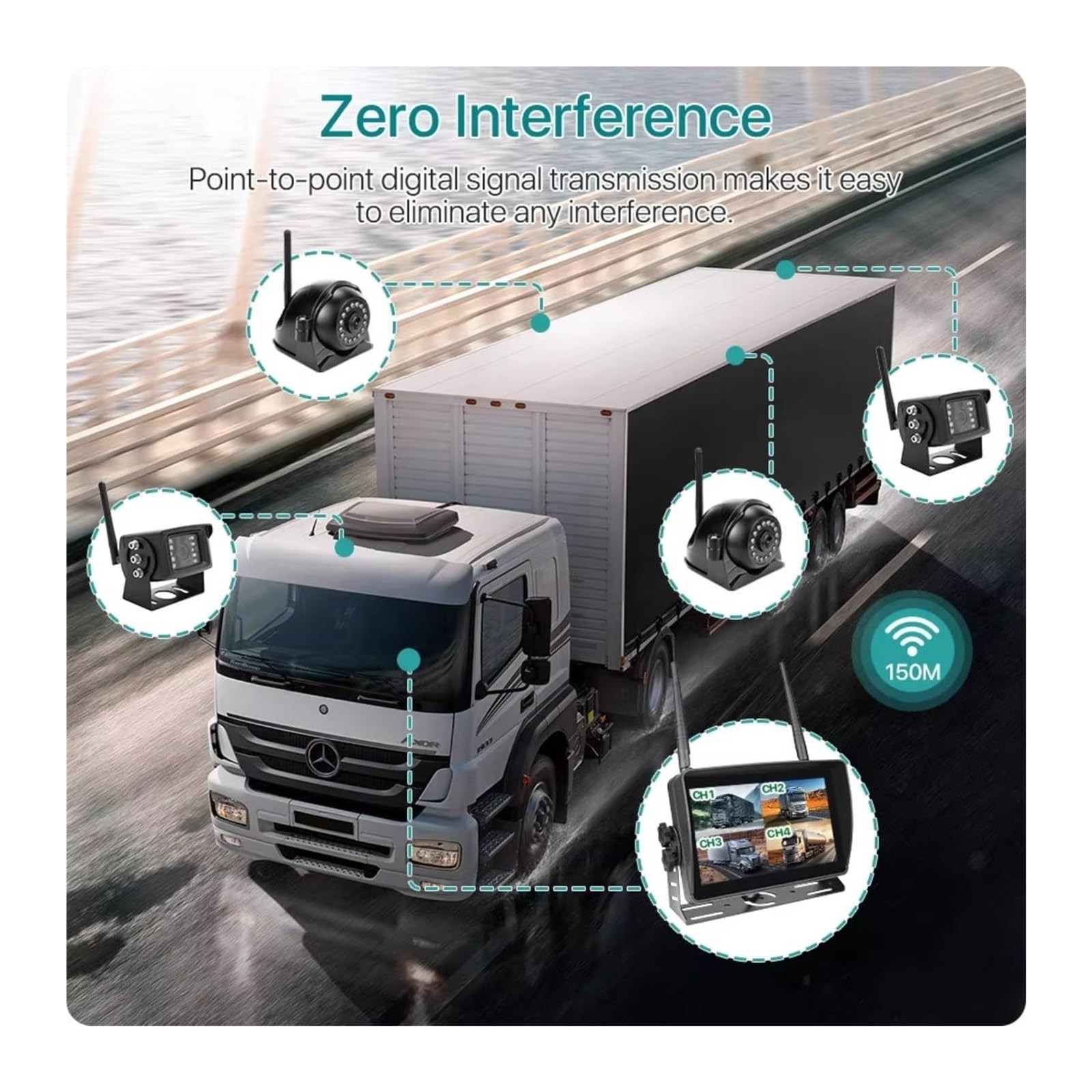 Cámara Visión Nocturna Infrarroja DVR Pantalla Táctil Inalámbrica Digital AHD 7'' 4 Canales Monitor WiFi para Camión Remolque Autobús Cámara de Respaldo(Side and Rear Camera,128G)