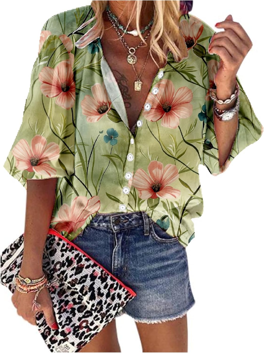 Hawaiian Shirts for Women 3/4 Length Sleeve Womens Tops Casual Loose Fitted Button Down Shirts for Women