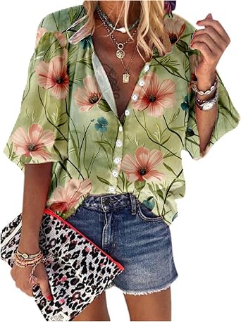 Hawaiian Shirts for Women 3/4 Length Sleeve Womens Tops Linen Collared Casual Oversized Cotton Loose Fitted Plus Size Floral Button Down Shirts for Women Trendy Summer XL