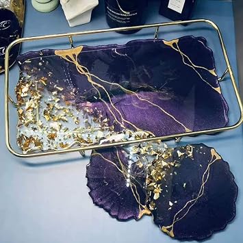 RESINWORLD 2 Size 14 inches XL Large Tray Silicone Molds Epoxy Resin Geode Tray Mold with Gold & Silver Handles DIY for Making Tray (Rectangle)