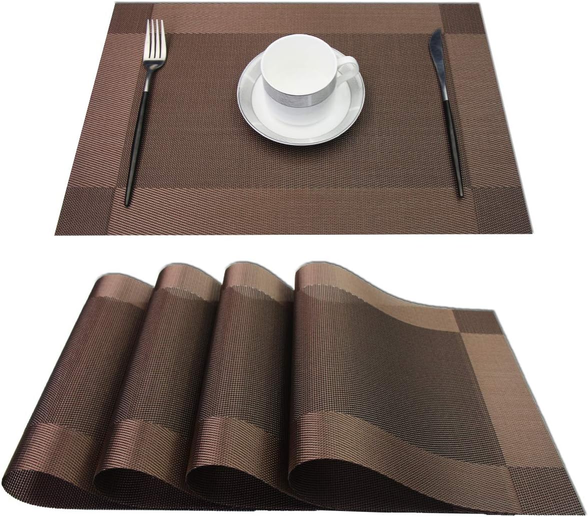 Place Mats Heat-Resistant Non Slip Placemats Washable Easy to Clean Woven Vinyl Placemats for Dining Table (Set of 4, Brown)