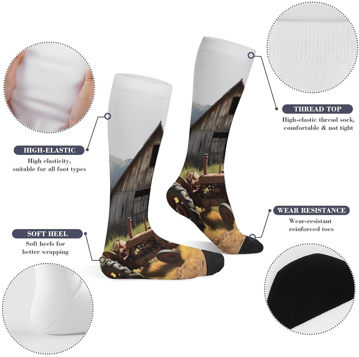Knee High Socks Wooden Barn Tractor Long Tube Boot Seamless Toe