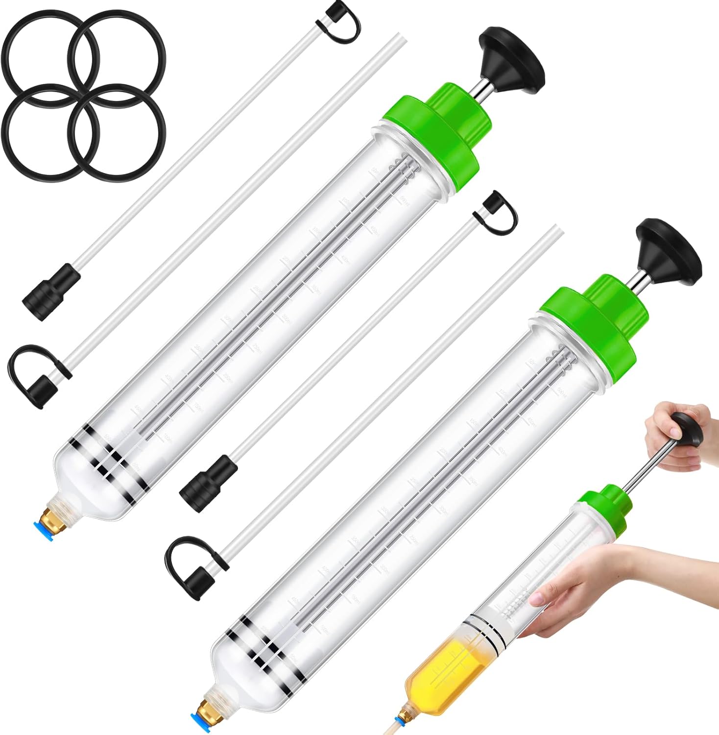 Lothee 2 Pack 500cc Automotive Fluid Extractor Pump Oil Extractor Hand Syringe Pump with Hose Manual Suction Vacuum Fuel Car Transfer for Power Steering, Hydraulic Fluid (Green)