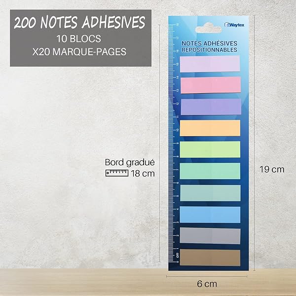 WAYTEX 200 Marque-pages adhésifs repositionnables plastifiés 10 couleurs soit 10 mini blocs de 20 sticky notes couleurs pastels 45 x 12 mm - 3