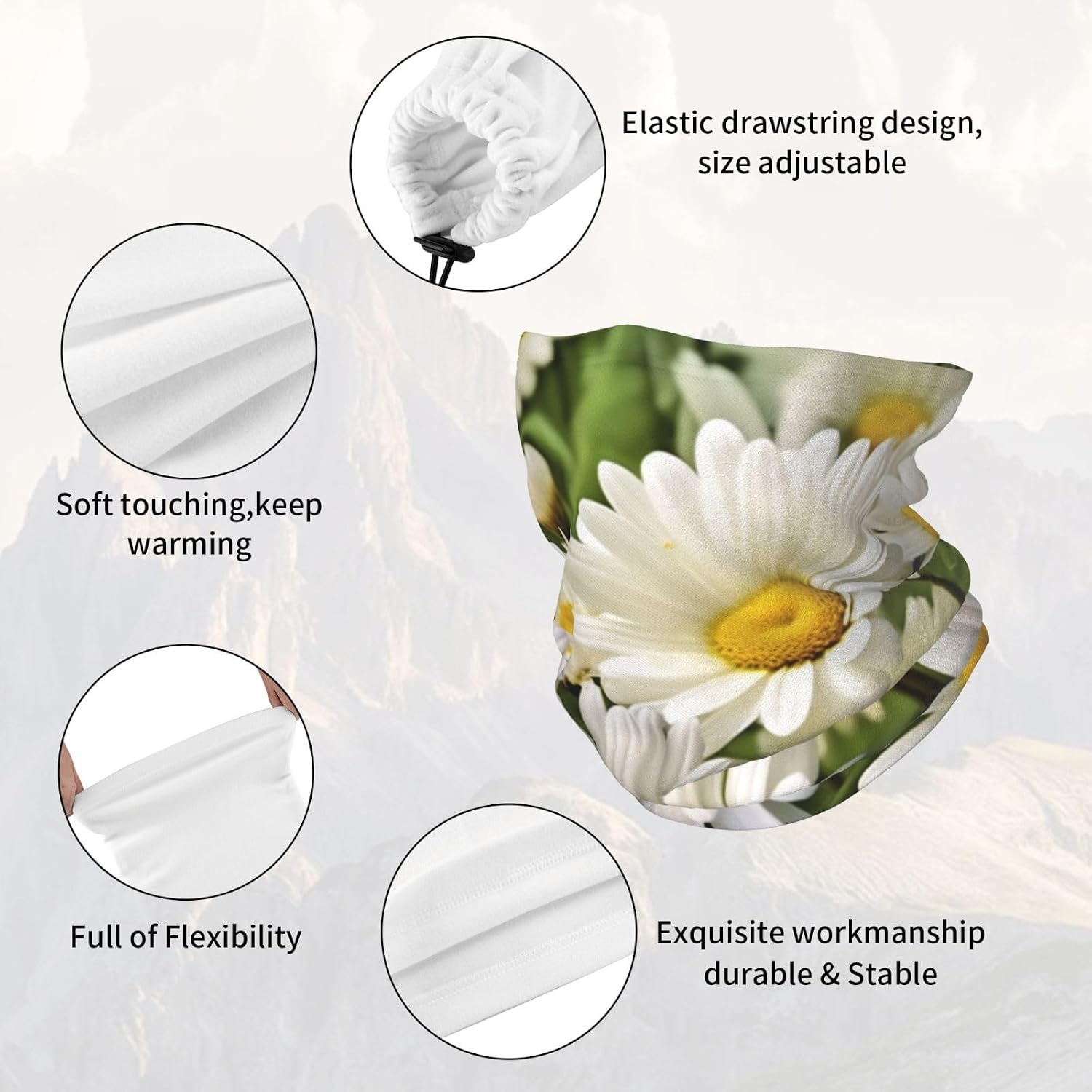 Neck Warmer Winter, Floral Flowers Daisies Print For Cold Weather Winter Face Mask,Thick Warm Neck Gaiter Face Scarf,For Men Women Skiing Cycling - With Rope