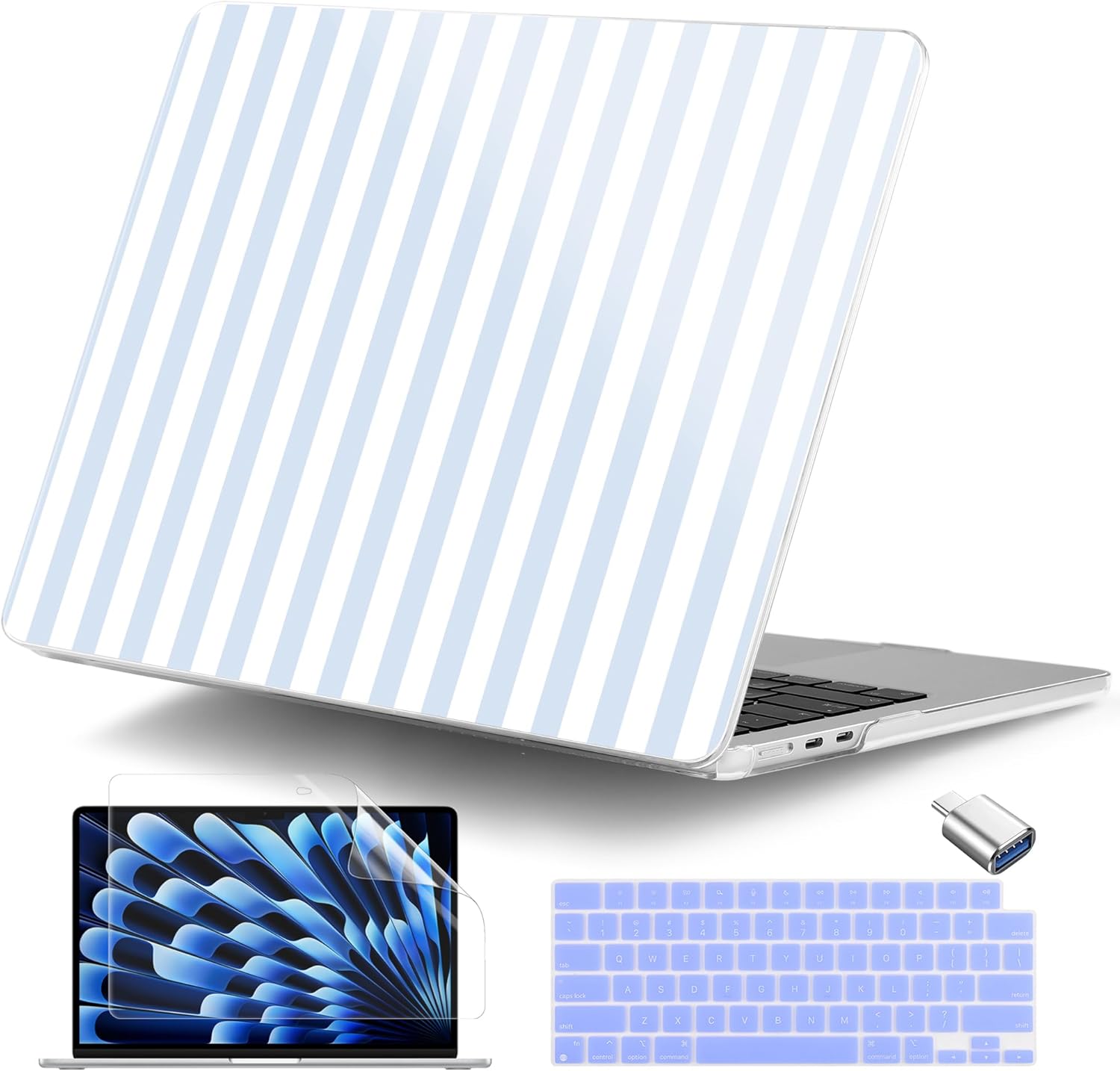 DONGKE for MacBook Air 15 inch Case M5 M4 M3 M2 Chip 2026 2025 2024 2023 Release (Model A3448 A3241 A3114 A2941), Hard Shell Case with Keyboard Cover & Type C Adapter, Blue & White Stripes