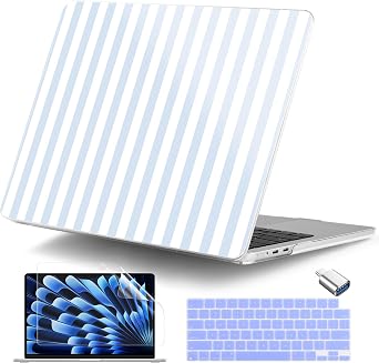 for MacBook Air 15 inch Case M5 M4 M3 M2 Chip 2026 2025 2024 2023 Release Model A3448 A3241 A3114 A2941, Hard Shell Case with Keyboard Cover & Type C Adapter, Blue & White Stripes